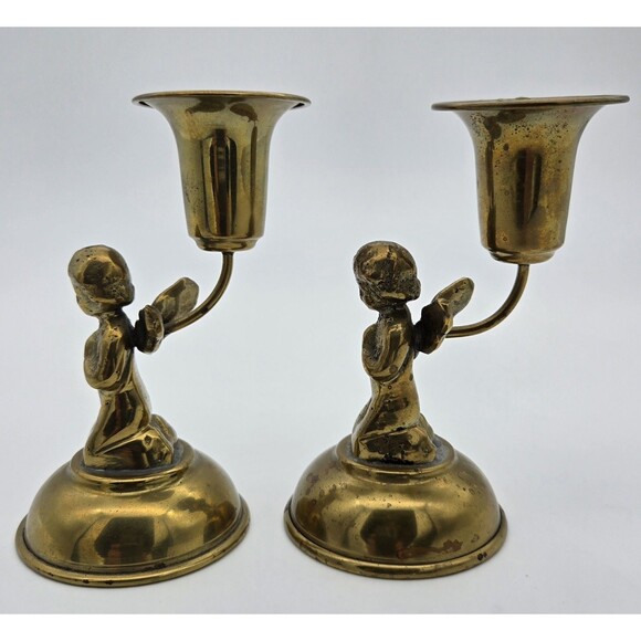 Vintage Brass Angel Candlestick Holders Praying Winged Figures Religious Decor - Picture 2 of 7